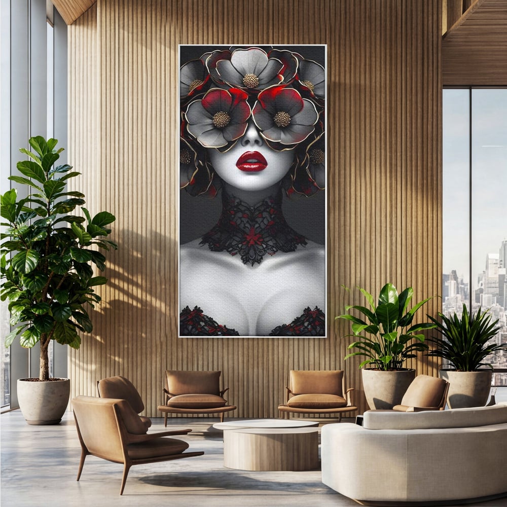 Tablou canvas cu tablou canvas portret feminin gotic, in rama de aluminiu argintiu, pe perete intr-un birou